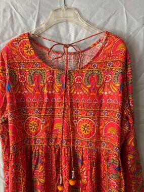 Rang Ja Tunic Dress Peacock Floral Gold Detail Dress Midi Large L 12 14 Tassel